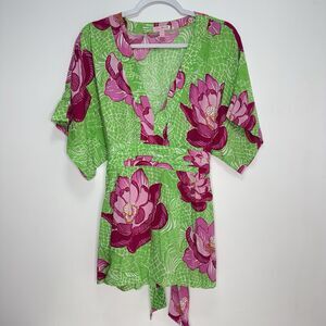 Lilly Pulitzer Tie Back Short Dolman Sleeve Tunic Green Koi Fish Lotus Flower M